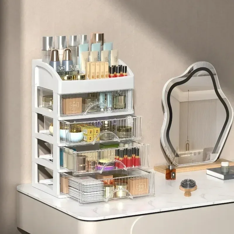 Organisateur de maquillage à 5 niveaux avec tiroirs, boîte de rangement cosmétique pour coiffeuse, bureau ou armoire, transparent et multi-usage 4