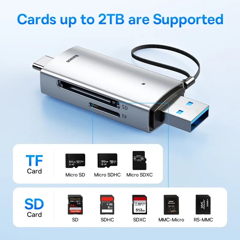 Lecteur de carte Baseus USB-C et USB 3.0 vers SD / Micro SD / TF, 104 Mo/s, lecteur de carte mémoire intelligent pour accessoires d'ordinateur portable 3