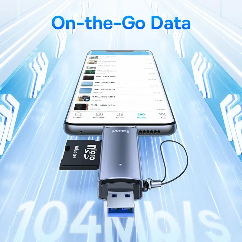Lecteur de carte Baseus USB-C et USB 3.0 vers SD / Micro SD / TF, 104 Mo/s, lecteur de carte mémoire intelligent pour accessoires d'ordinateur portable 2