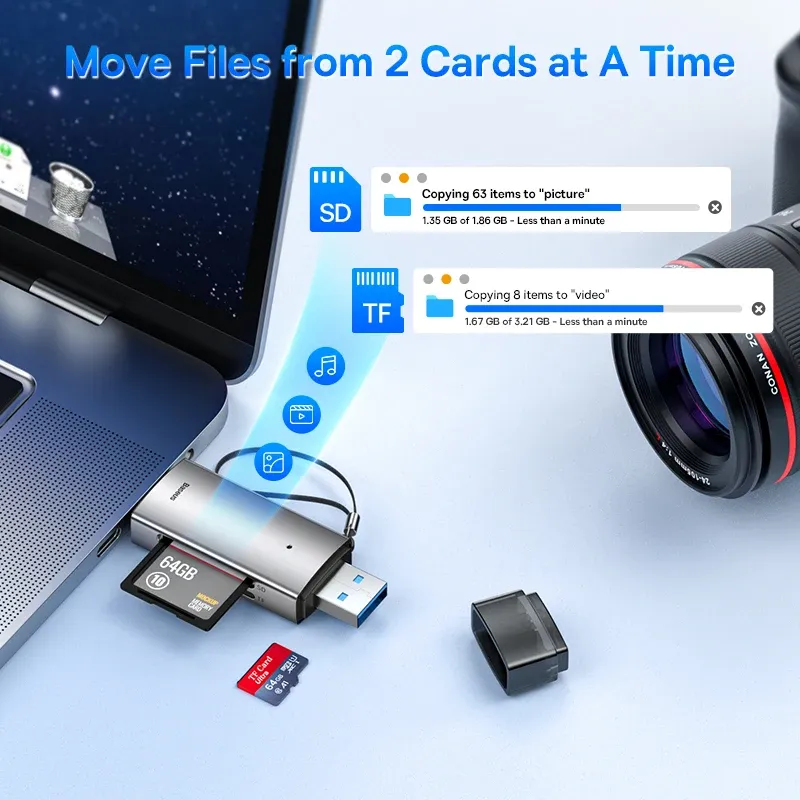 Lecteur de carte Baseus USB-C et USB 3.0 vers SD / Micro SD / TF, 104 Mo/s, lecteur de carte mémoire intelligent pour accessoires d'ordinateur portable 4