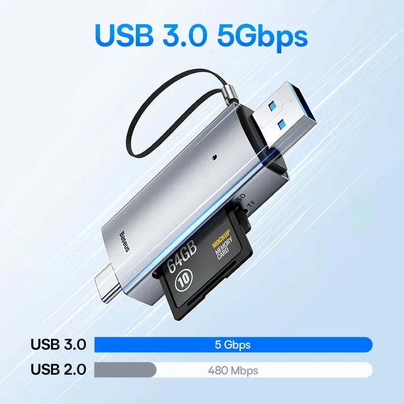 Lecteur de carte Baseus USB-C et USB 3.0 vers SD / Micro SD / TF, 104 Mo/s, lecteur de carte mémoire intelligent pour accessoires d'ordinateur portable 5