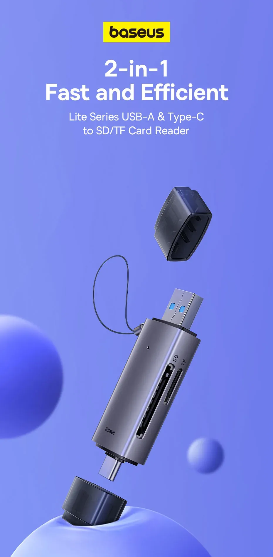 Lecteur de cartes Baseus USB-A et Type-C vers SD/TF, série Lite