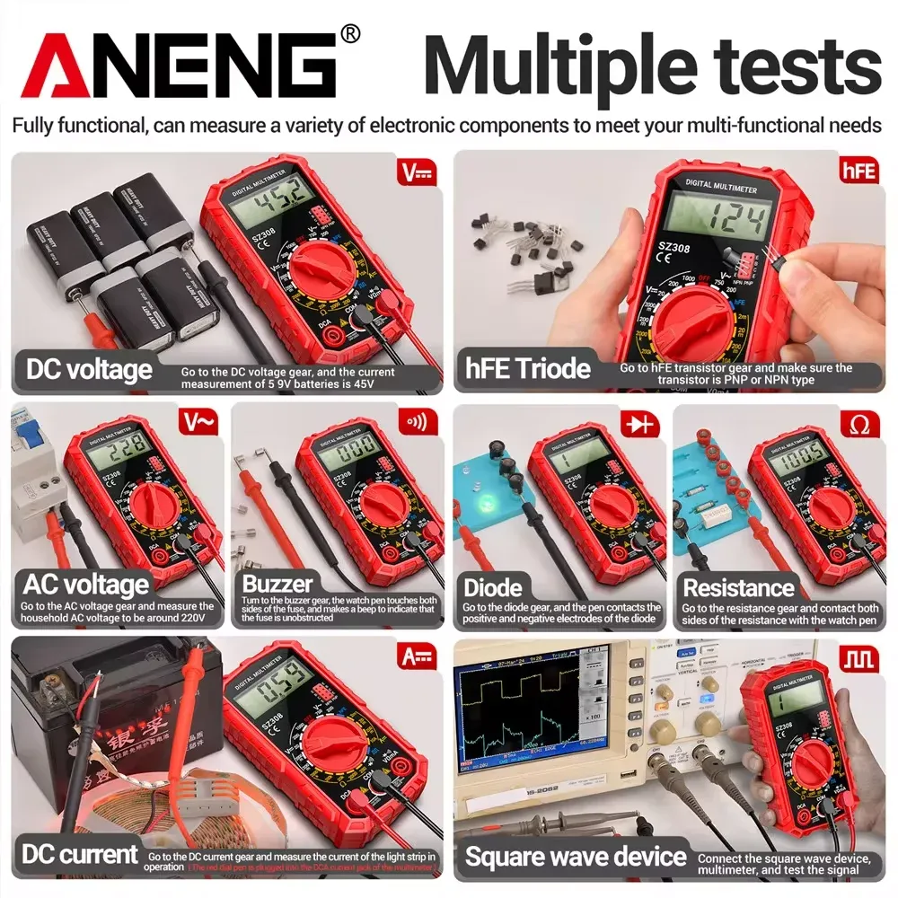 Testeur numérique ANENG SZ308 à onde carrée, 1999 points, HFE, triode, buzzer, multimètre tension AC/DC, 10 A, outil de mesure 2