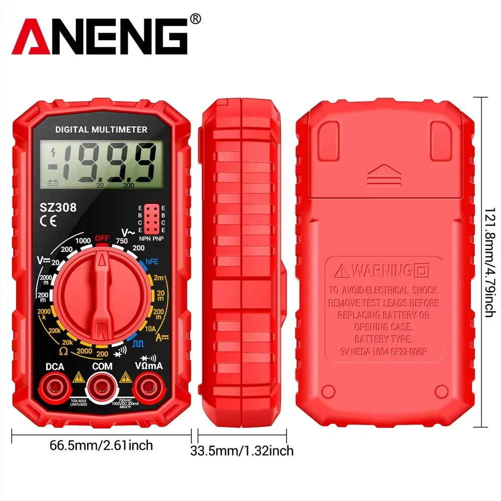 Testeur numérique ANENG SZ308 à onde carrée, 1999 points, HFE, triode, buzzer, multimètre tension AC/DC, 10 A, outil de mesure 4