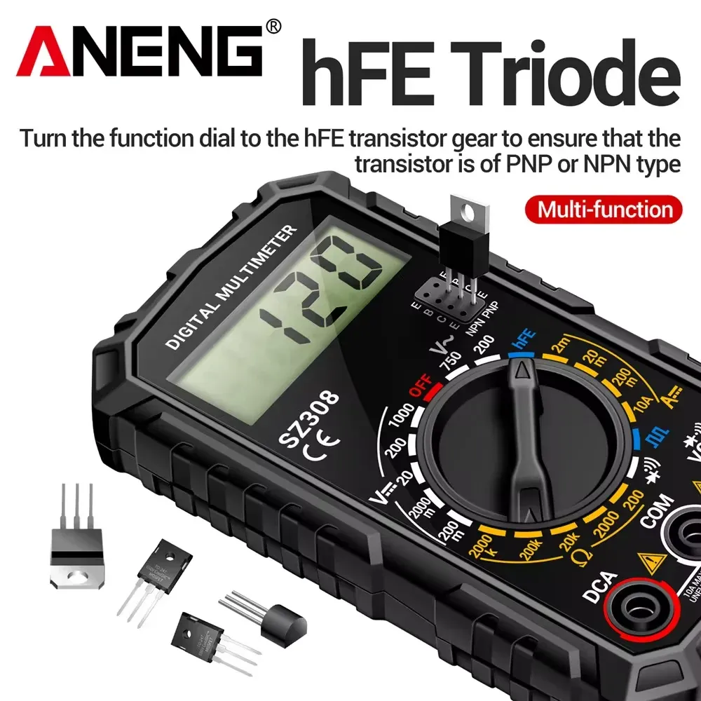Testeur numérique ANENG SZ308 à onde carrée, 1999 points, HFE, triode, buzzer, multimètre tension AC/DC, 10 A, outil de mesure 5
