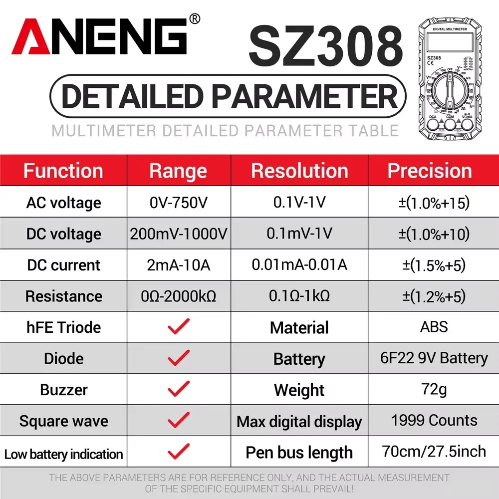 Testeur numérique ANENG SZ308 à onde carrée, 1999 points, HFE, triode, buzzer, multimètre tension AC/DC, 10 A, outil de mesure 6