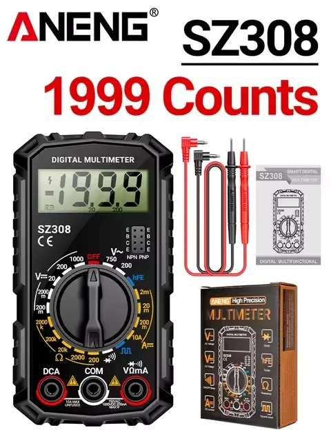 Testeur numérique ANENG SZ308 à onde carrée, 1999 points, HFE, triode, buzzer, multimètre tension AC/DC, 10 A, outil de mesure 8