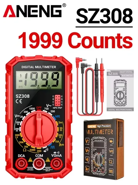 Testeur numérique ANENG SZ308 à onde carrée, 1999 points, HFE, triode, buzzer, multimètre tension AC/DC, 10 A, outil de mesure 7