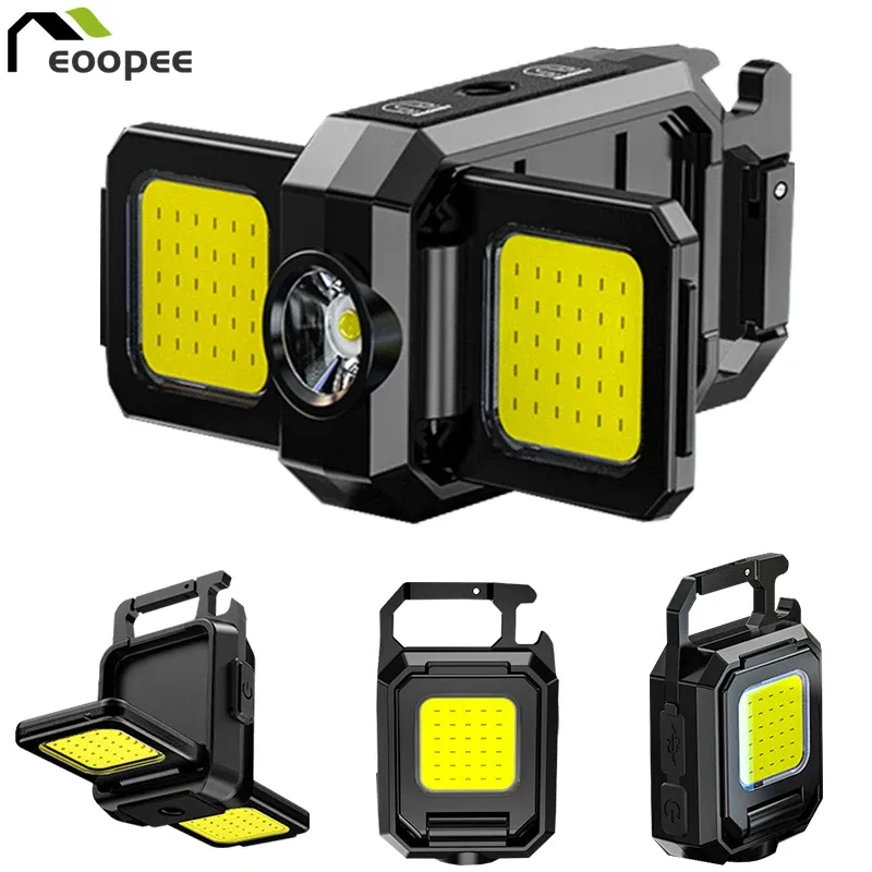 Mini lampe de poche porte-clés rechargeable, lampe de travail portable COB avec éclairage latéral pliable à 90°, lampe de poche ultra lumineuse pour le camping
