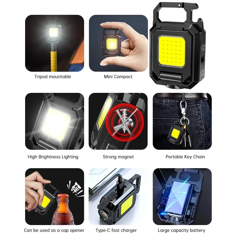 Mini lampe de poche porte-clés rechargeable, lampe de travail portable COB avec éclairage latéral pliable à 90°, lampe de poche ultra lumineuse pour le camping 6