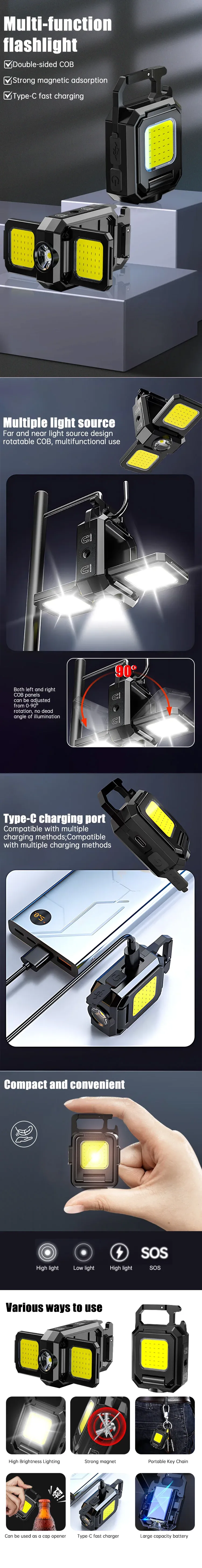 Lampe de poche porte-clés rechargeable avec lumières COB latérales pliables