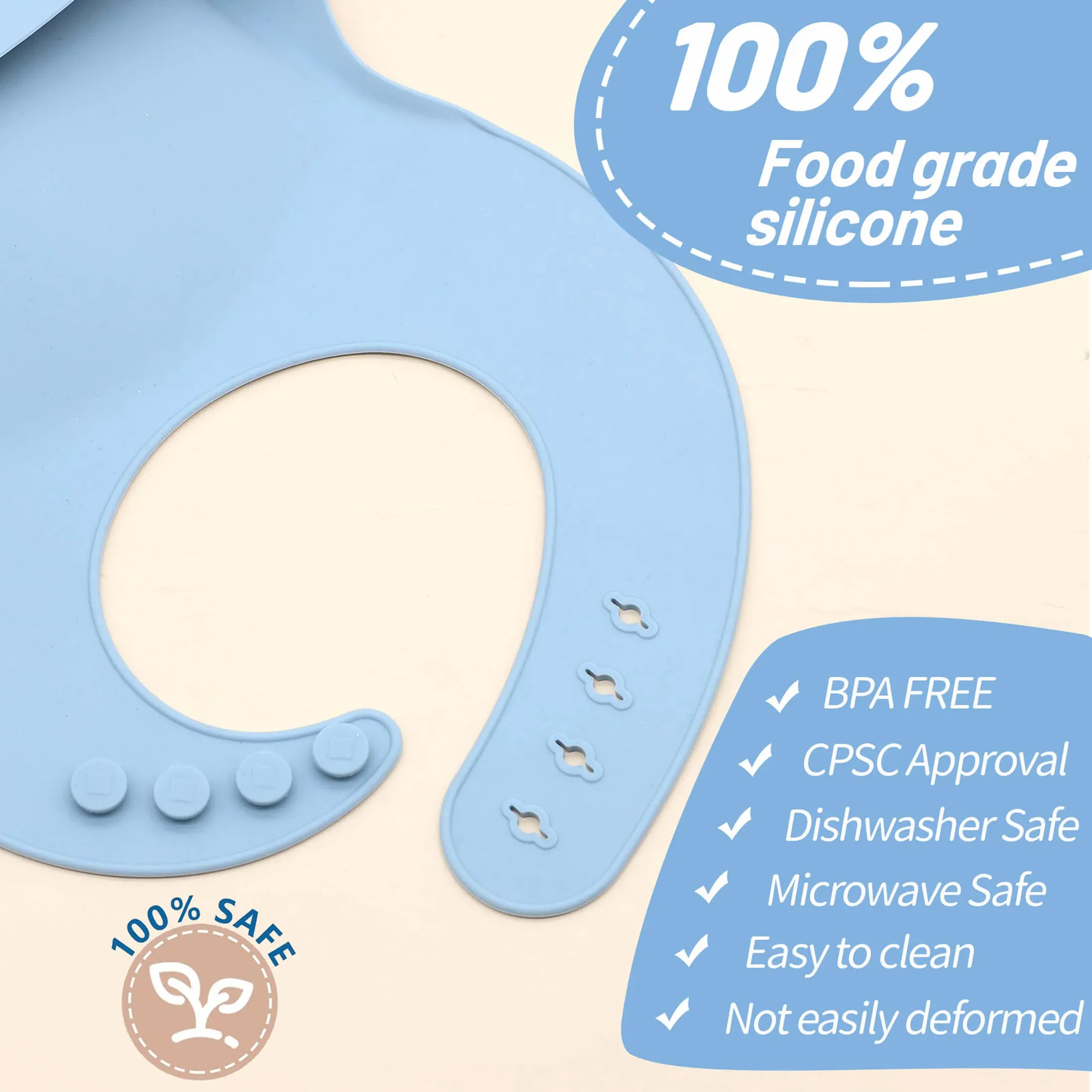 Bavoir en silicone de qualité alimentaire avec récupérateur de miettes, réglage tridimensionnel multi-étapes, facile à nettoyer 2