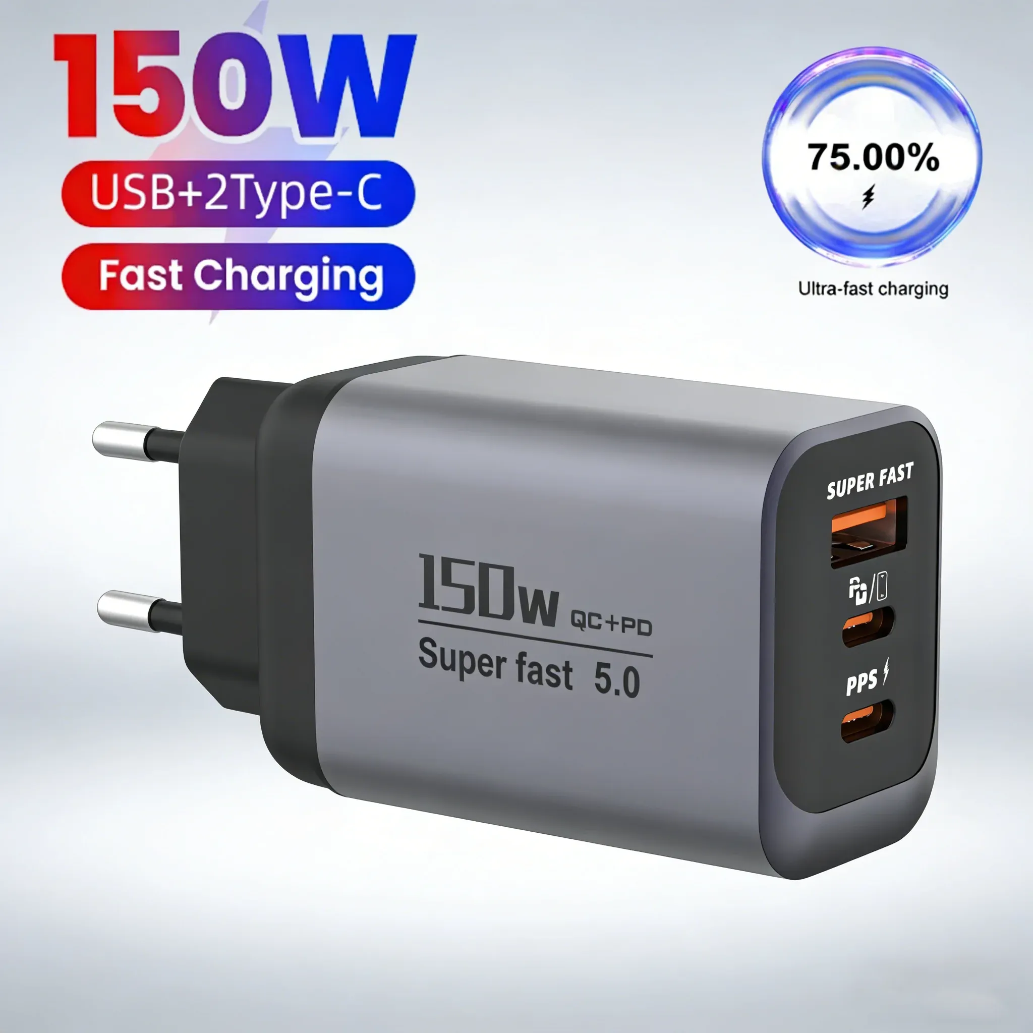 Chargeur USB-C 3 ports 150 W à charge ultra-rapide PD et QC 3.0, adaptateur mural de voyage pour iPhone 17, Samsung, Xiaomi, tablette, compatible UE, Royaume-Uni, États-Unis - Image 1