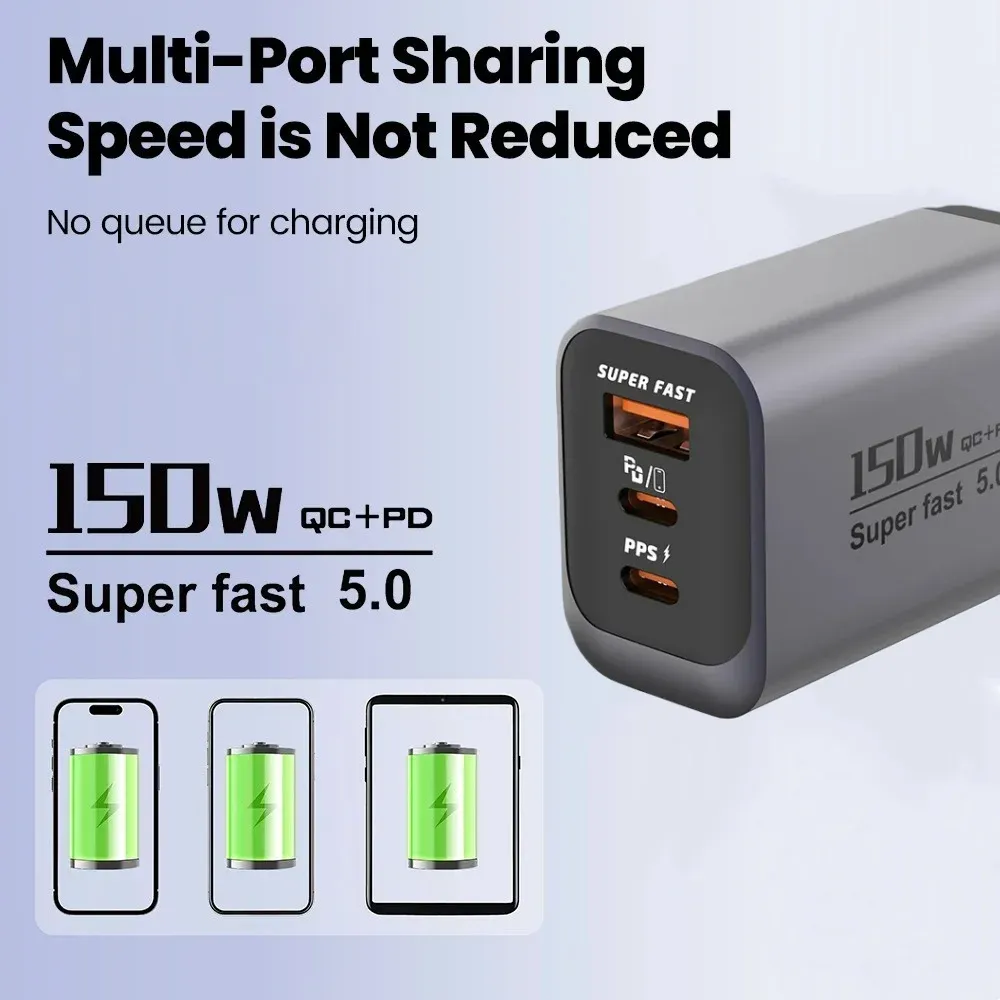 Chargeur USB-C 3 ports 150 W à charge ultra-rapide PD et QC 3.0, adaptateur mural de voyage pour iPhone 17, Samsung, Xiaomi, tablette, compatible UE, Royaume-Uni, États-Unis 5