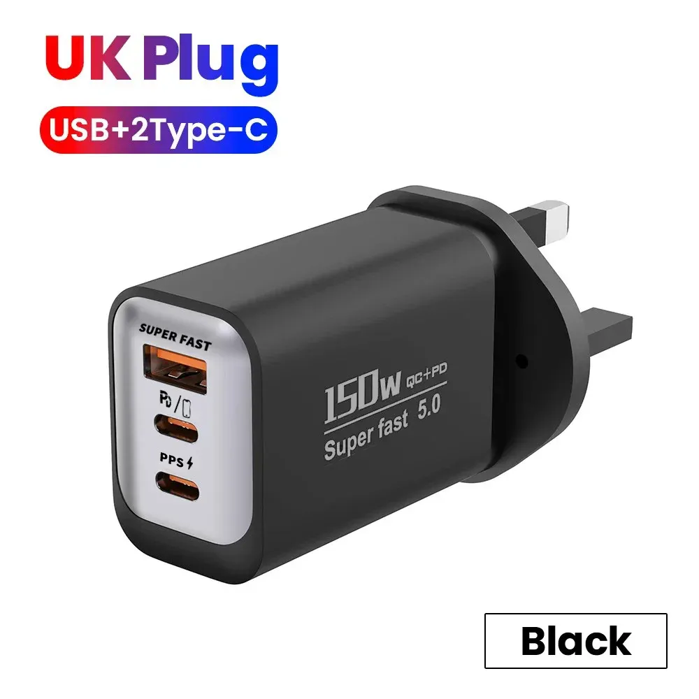 Chargeur USB-C 3 ports 150 W à charge ultra-rapide PD et QC 3.0, adaptateur mural de voyage pour iPhone 17, Samsung, Xiaomi, tablette, compatible UE, Royaume-Uni, États-Unis 7