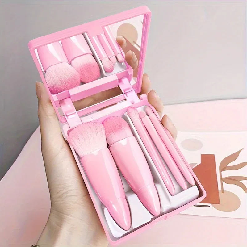 Ensemble de 5 pinceaux de maquillage portables avec miroir, kit de voyage pliable 8