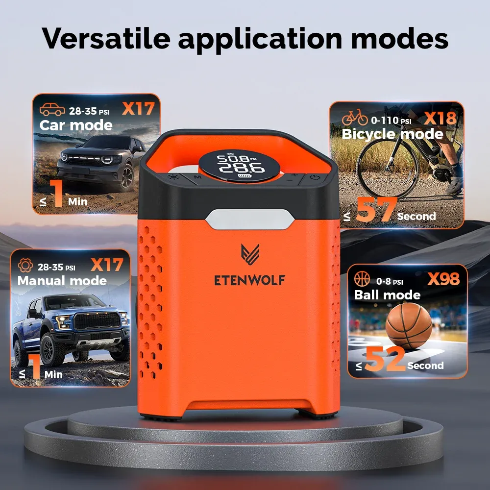 Pompe de gonflage de pneus portable ETENWOLF V3, compresseur de voiture 160 PSI, cycle de service 100 %, pompe à air 7800 mAh pour voitures, motos et vélos 3