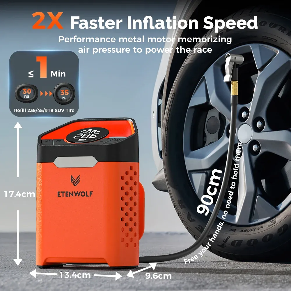 Pompe de gonflage de pneus portable ETENWOLF V3, compresseur de voiture 160 PSI, cycle de service 100 %, pompe à air 7800 mAh pour voitures, motos et vélos 2