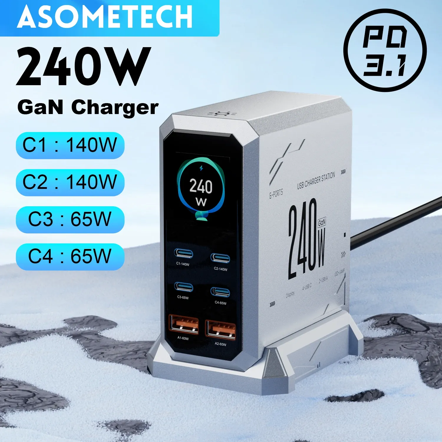 Chargeur GaN 240 W 6-en-1 USB-C, station de charge rapide à affichage numérique, 140 W PD 3.1 PPS 1