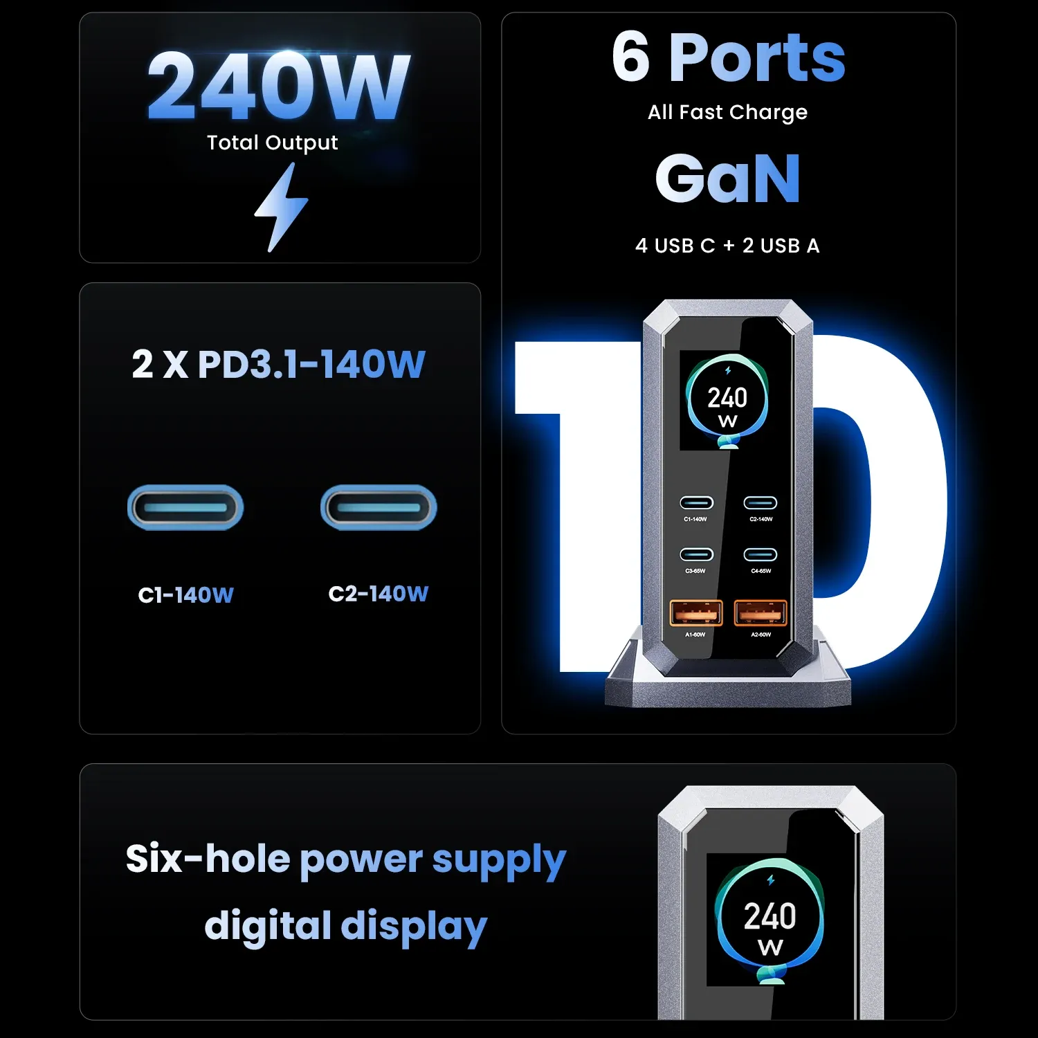 Chargeur GaN 240 W 6-en-1 USB-C, station de charge rapide à affichage numérique, 140 W PD 3.1 PPS 2