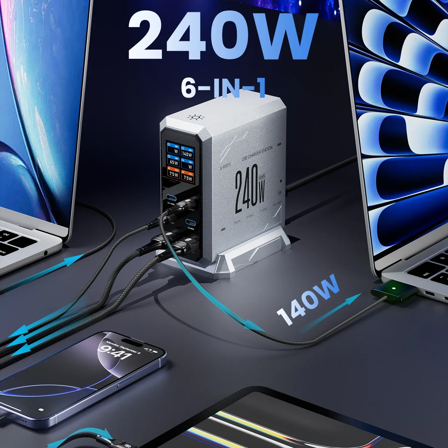Chargeur GaN 240 W 6-en-1 USB-C, station de charge rapide à affichage numérique, 140 W PD 3.1 PPS 4
