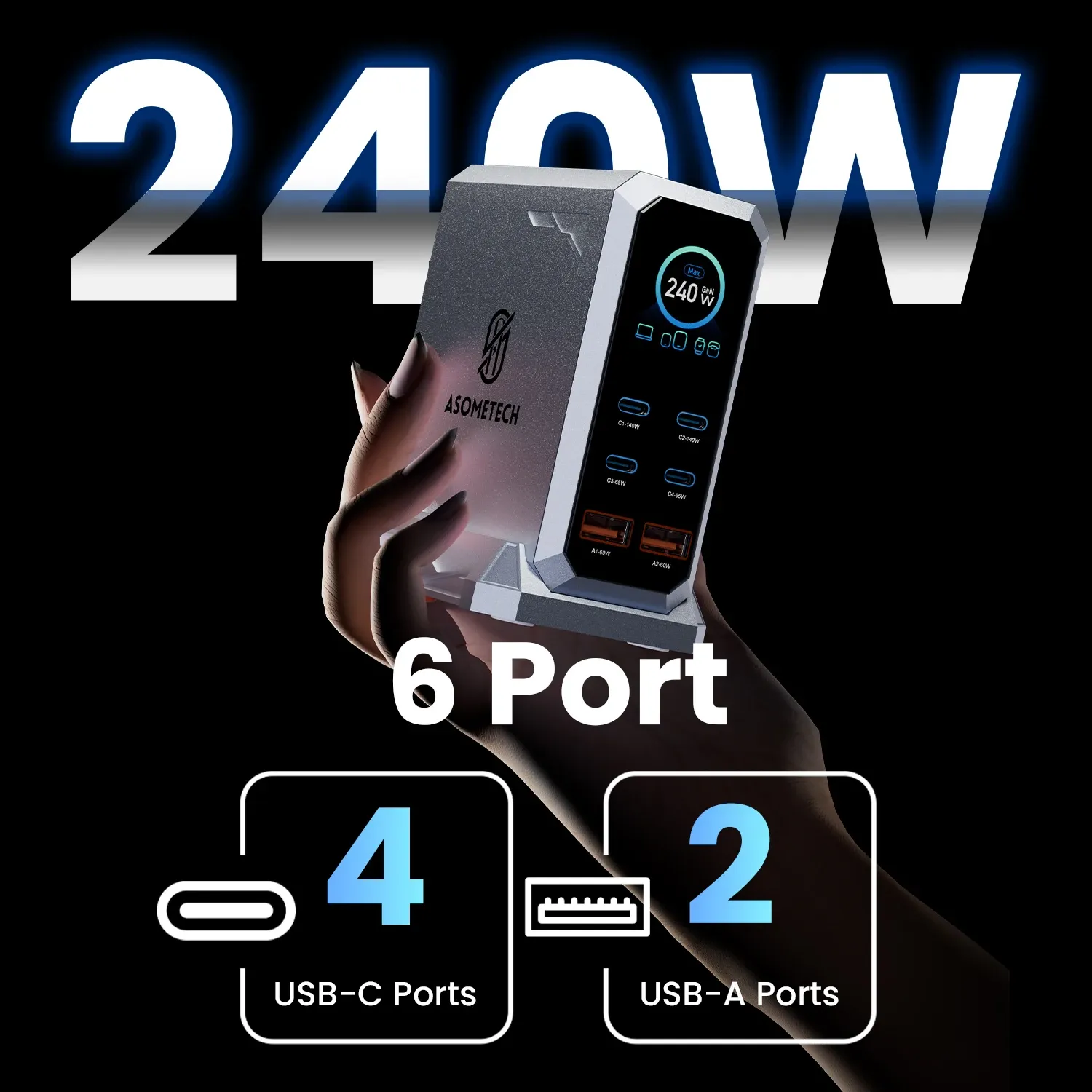 Chargeur GaN 240 W 6-en-1 USB-C, station de charge rapide à affichage numérique, 140 W PD 3.1 PPS 5