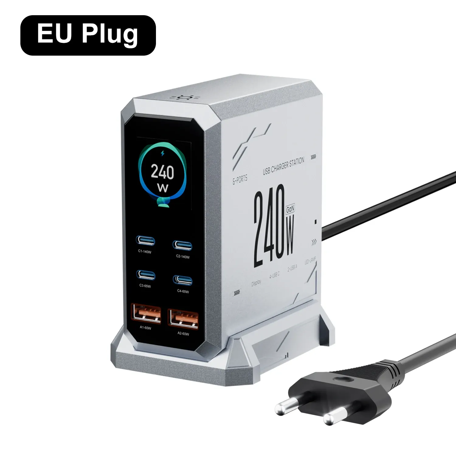 Chargeur GaN 240 W 6-en-1 USB-C, station de charge rapide à affichage numérique, 140 W PD 3.1 PPS 9