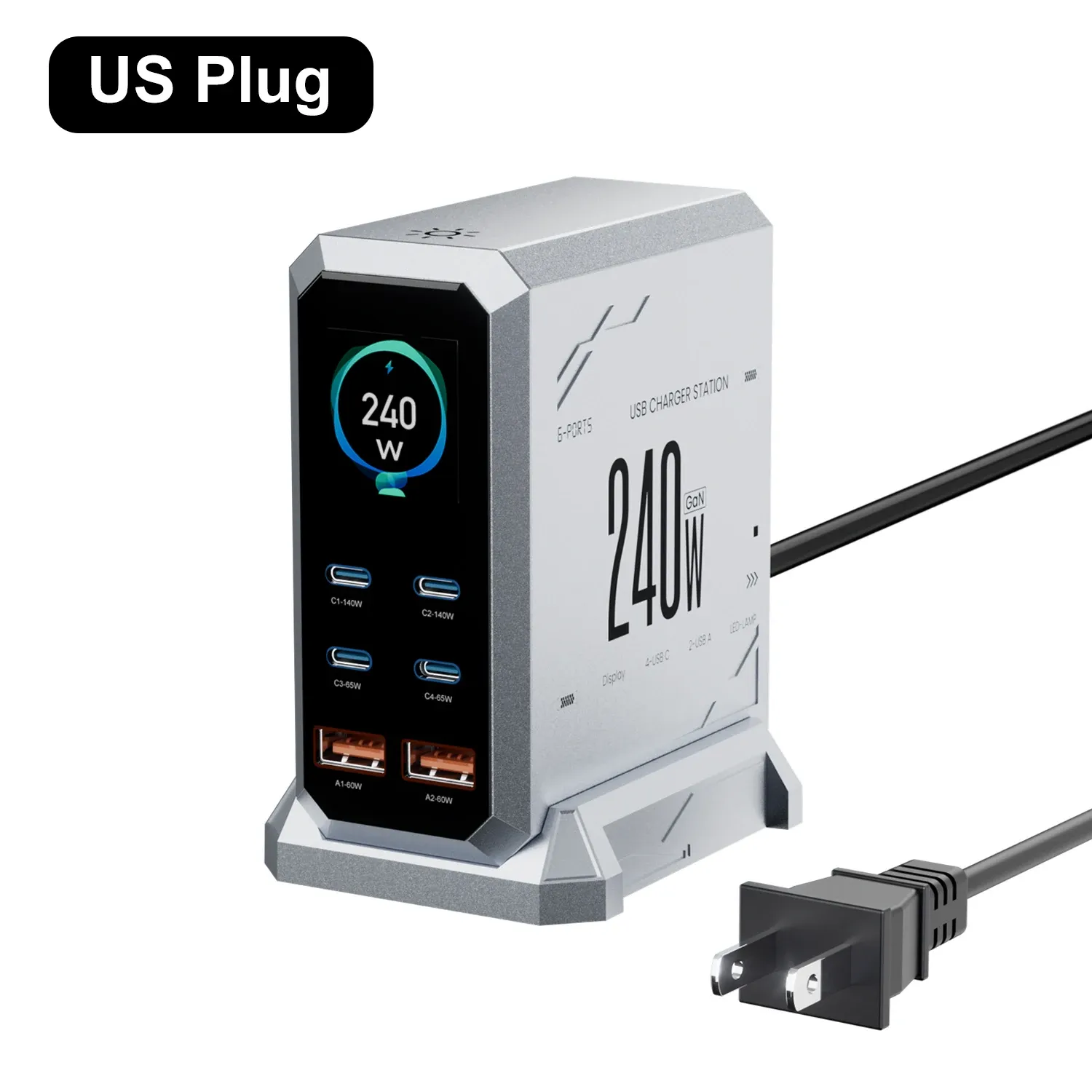 Chargeur GaN 240 W 6-en-1 USB-C, station de charge rapide à affichage numérique, 140 W PD 3.1 PPS 10