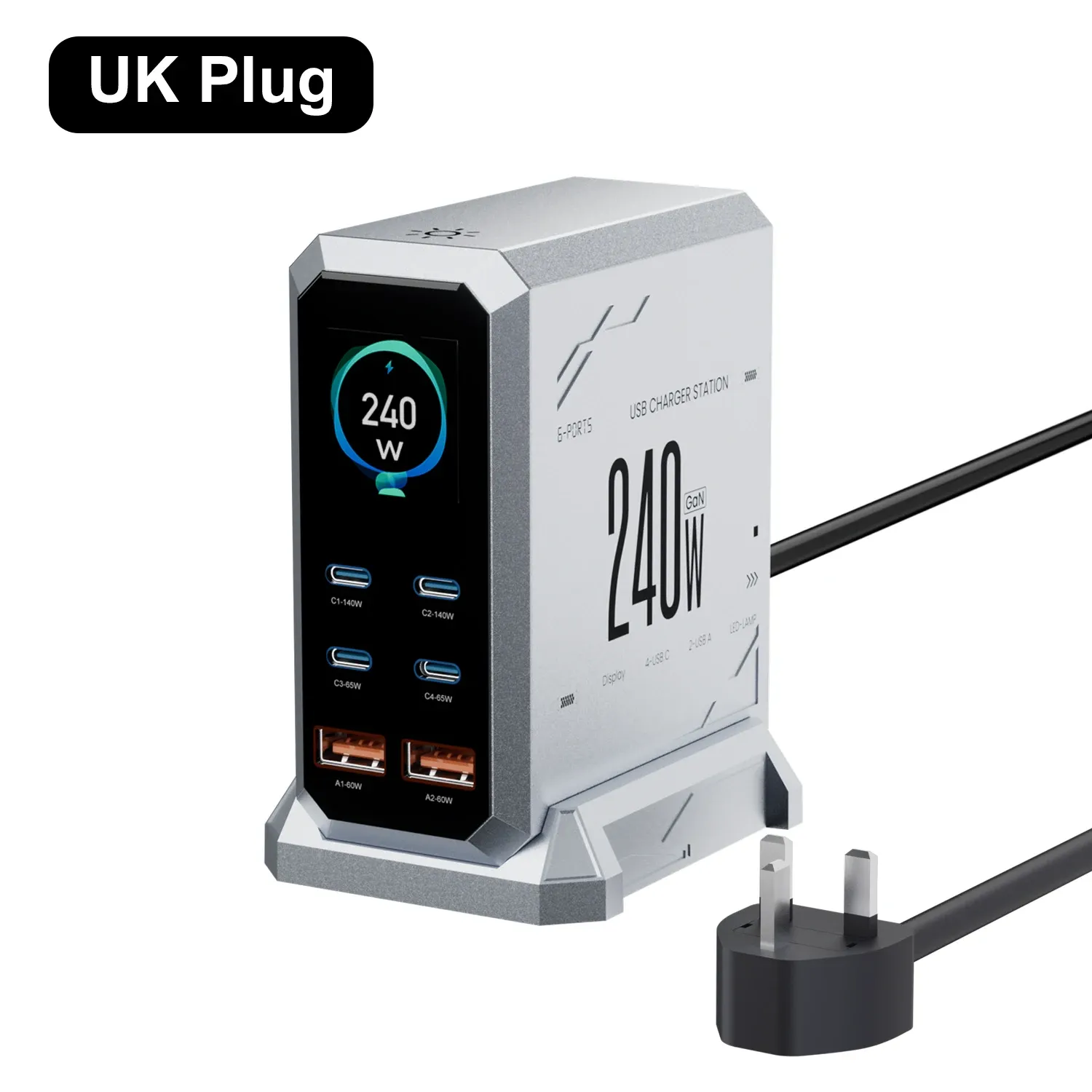 Chargeur GaN 240 W 6-en-1 USB-C, station de charge rapide à affichage numérique, 140 W PD 3.1 PPS 7