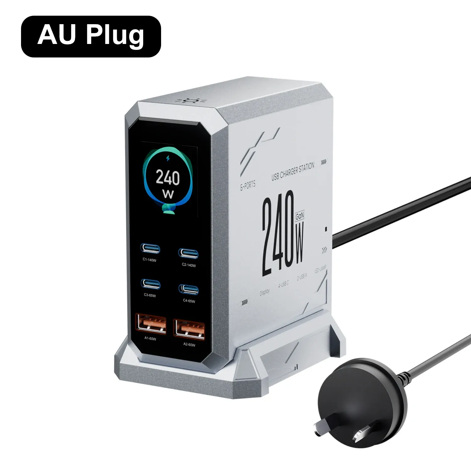 Chargeur GaN 240 W 6-en-1 USB-C, station de charge rapide à affichage numérique, 140 W PD 3.1 PPS 8