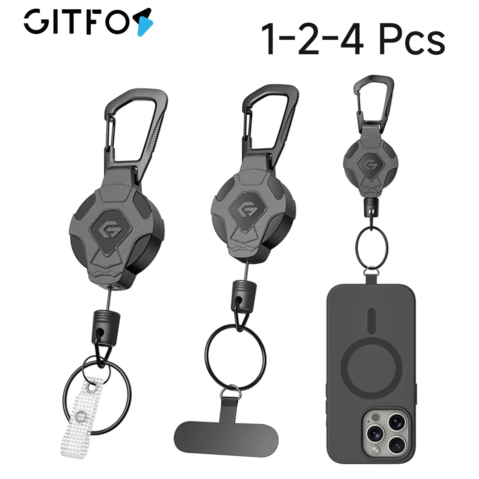 Porte-clés rétractable GITFOS robuste avec porte-badge tactique, sangle et clip pour téléphone 1
