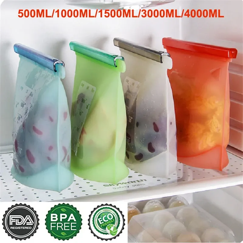 Sac alimentaire réutilisable en silicone, hermétique et de qualité alimentaire, pour légumes, liquides, collations et viande