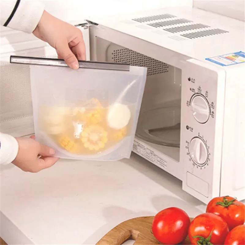 Sac alimentaire réutilisable en silicone, hermétique et de qualité alimentaire, pour légumes, liquides, collations et viande 3