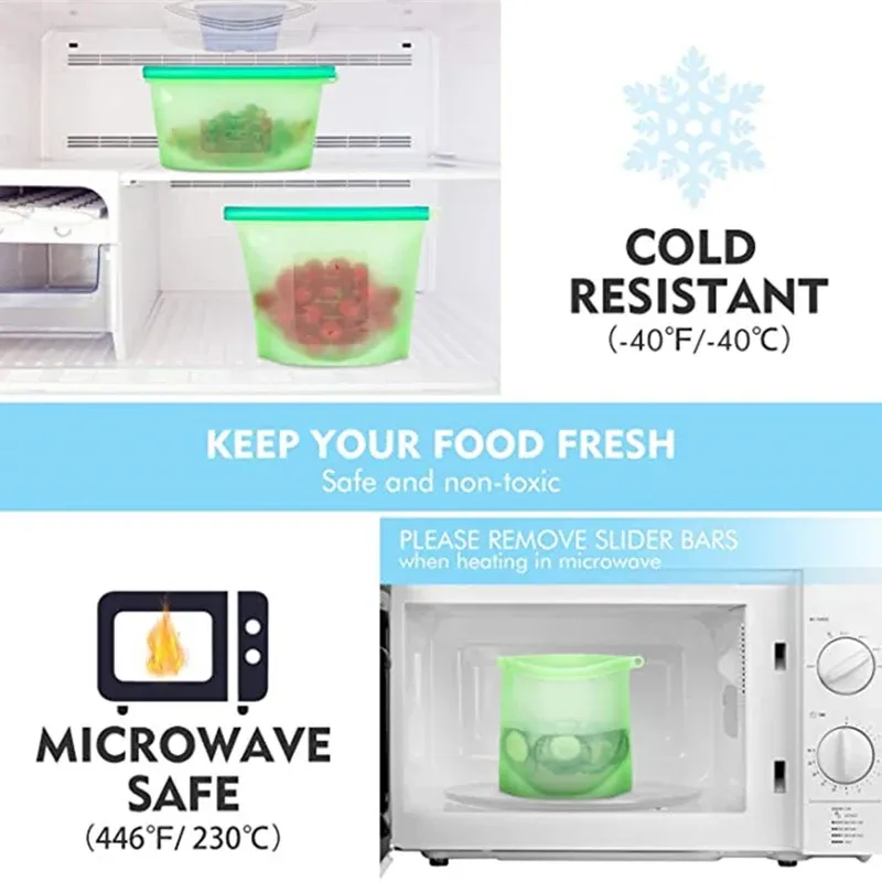 Sac alimentaire réutilisable en silicone, hermétique et de qualité alimentaire, pour légumes, liquides, collations et viande 4