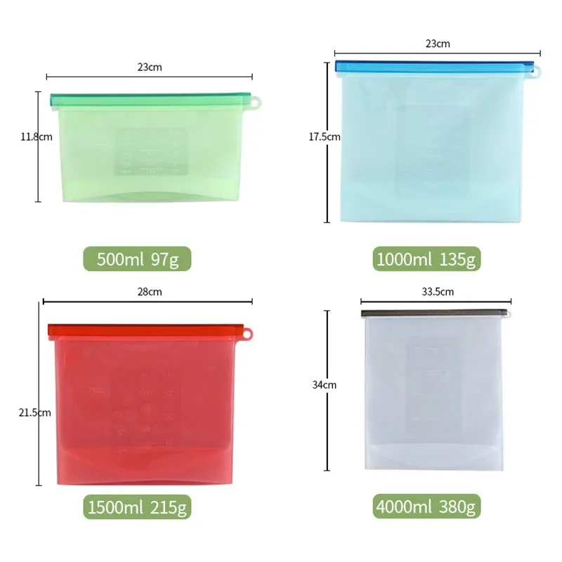 Sac alimentaire réutilisable en silicone, hermétique et de qualité alimentaire, pour légumes, liquides, collations et viande 5