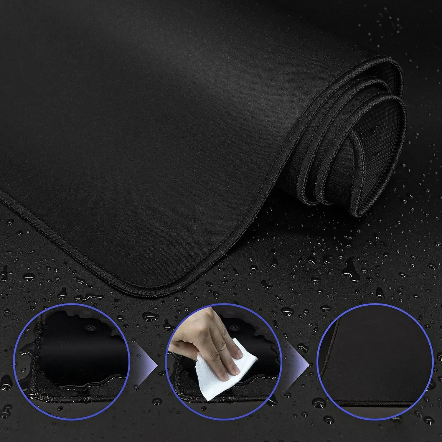 Tapis de souris étendu noir antidérapant en caoutchouc à bords cousus 3