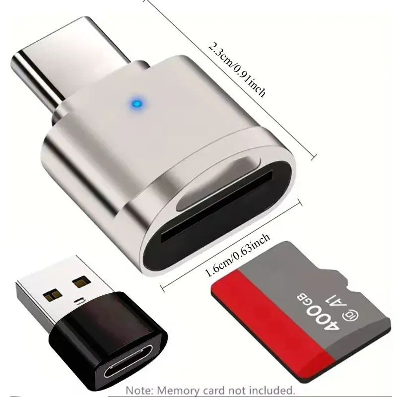 Lecteur de carte mémoire micro SD/TF USB-C OTG avec adaptateur USB-A et indicateur LED pour téléphone portable