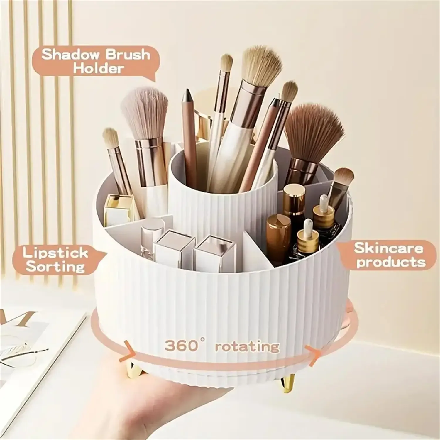 Organisateur de maquillage rotatif 360° en plastique avec 5 compartiments, support multifonctionnel pour pinceaux 3