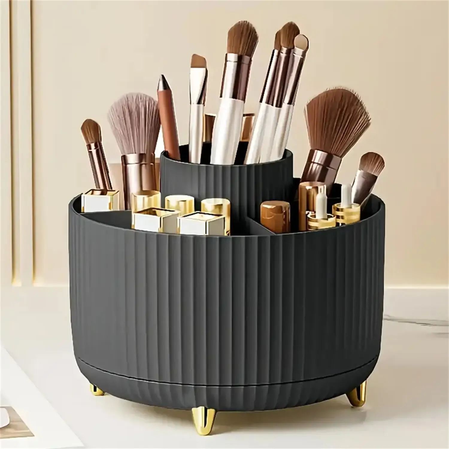Organisateur de maquillage rotatif 360° en plastique avec 5 compartiments, support multifonctionnel pour pinceaux 9
