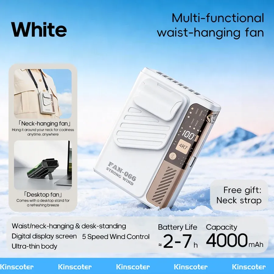 Ventilateur de ceinture portable d'extérieur 4000 mAh, mini ventilateur de refroidissement multifonction 5 vitesses avec écran numérique, rechargeable par USB 9