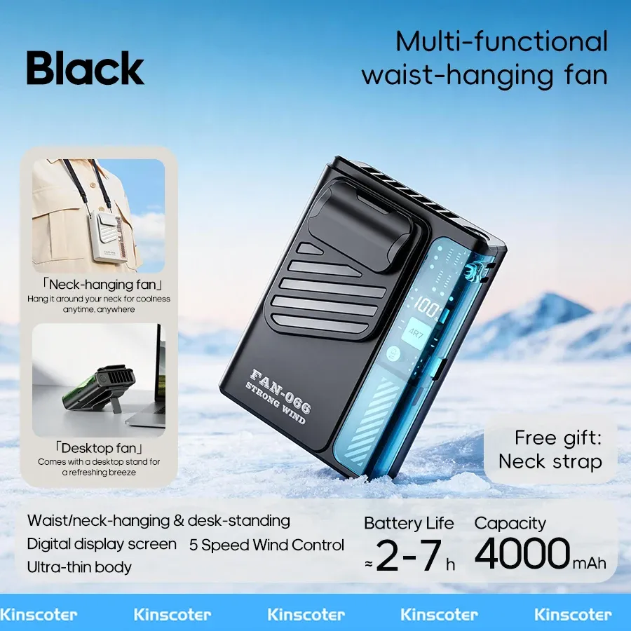 Ventilateur de ceinture portable d'extérieur 4000 mAh, mini ventilateur de refroidissement multifonction 5 vitesses avec écran numérique, rechargeable par USB 8