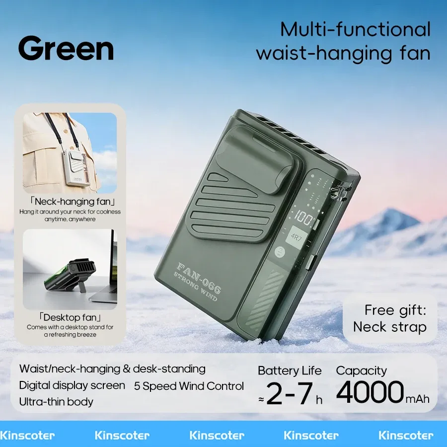 Ventilateur de ceinture portable d'extérieur 4000 mAh, mini ventilateur de refroidissement multifonction 5 vitesses avec écran numérique, rechargeable par USB 7