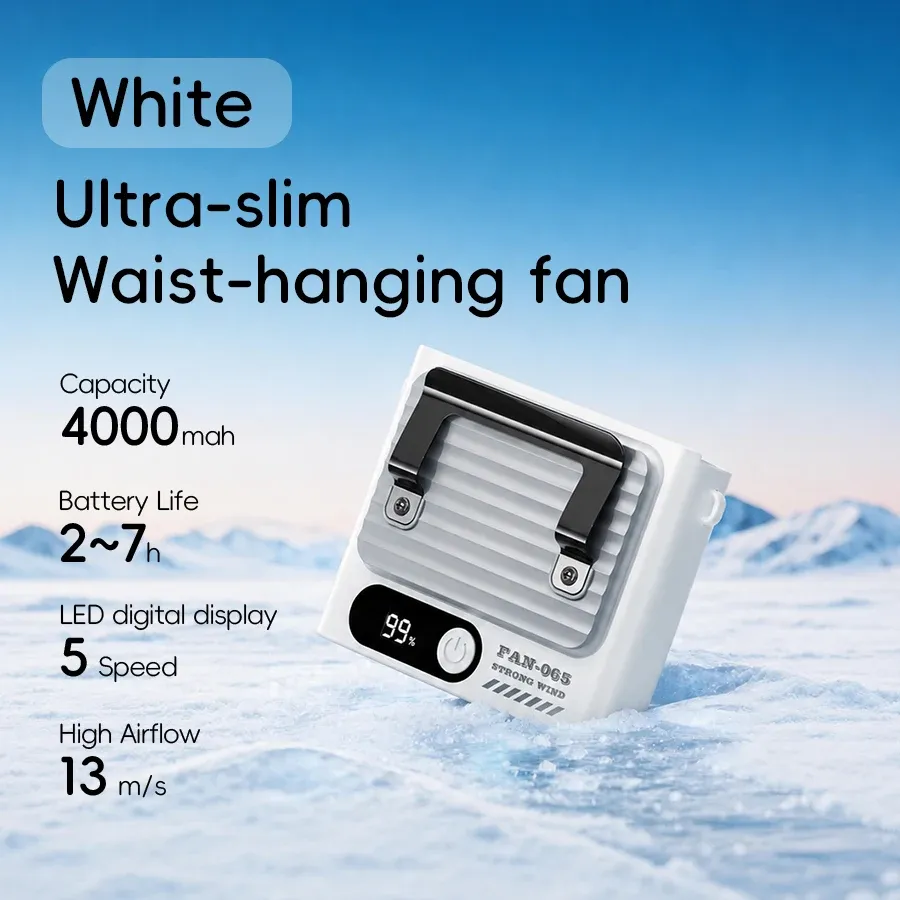 Ventilateur de ceinture portable d'extérieur 4000 mAh, mini ventilateur de refroidissement multifonction 5 vitesses avec écran numérique, rechargeable par USB 12