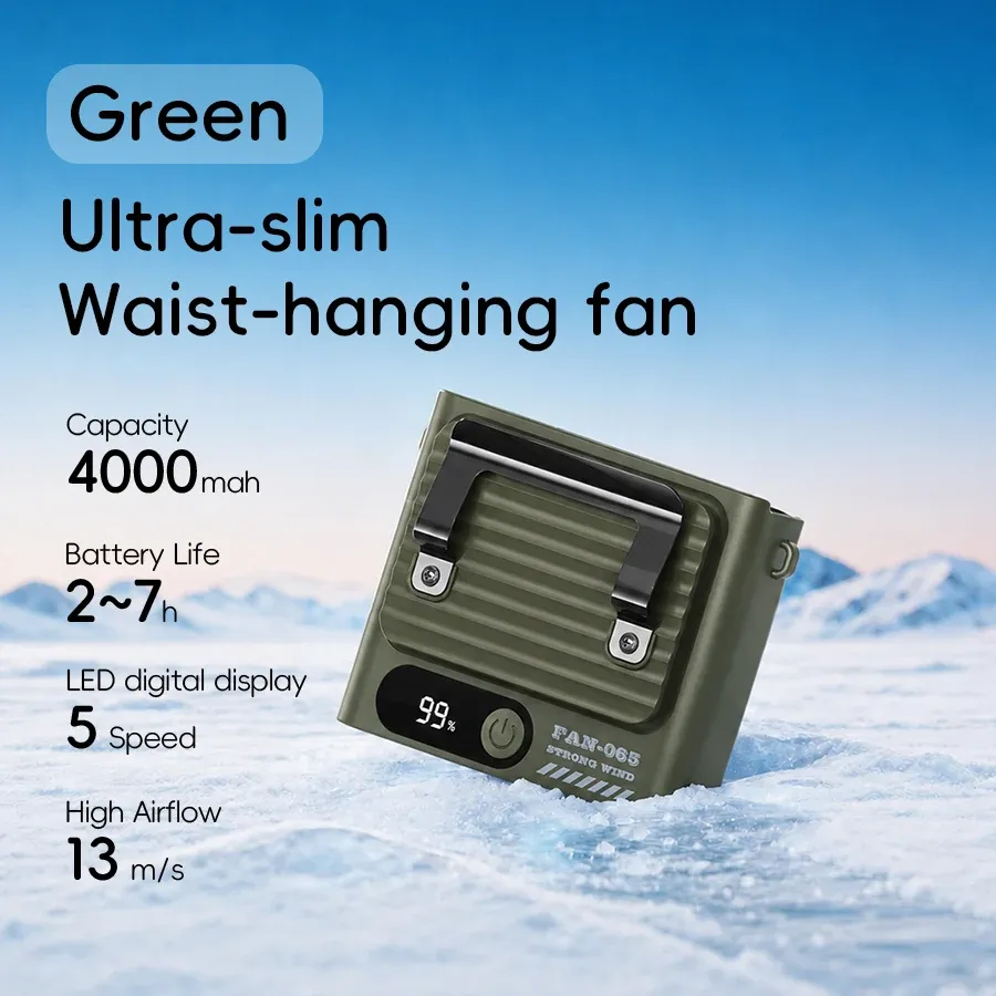 Ventilateur de ceinture portable d'extérieur 4000 mAh, mini ventilateur de refroidissement multifonction 5 vitesses avec écran numérique, rechargeable par USB 11