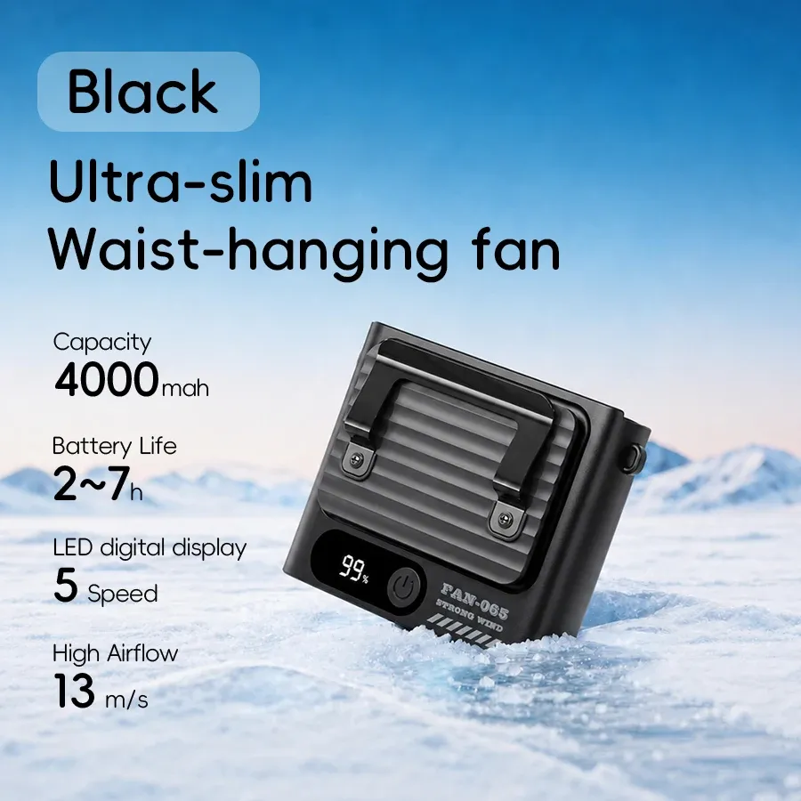 Ventilateur de ceinture portable d'extérieur 4000 mAh, mini ventilateur de refroidissement multifonction 5 vitesses avec écran numérique, rechargeable par USB 10