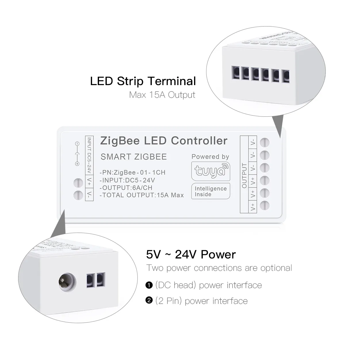 Contrôleur intelligent pour bande LED WiFi et Zigbee 3.0, DC 5 V à 24 V, compatible Tuya, variateur CCT, RGB, RGBW et RGBCCT, pour bandes COB et néon 3