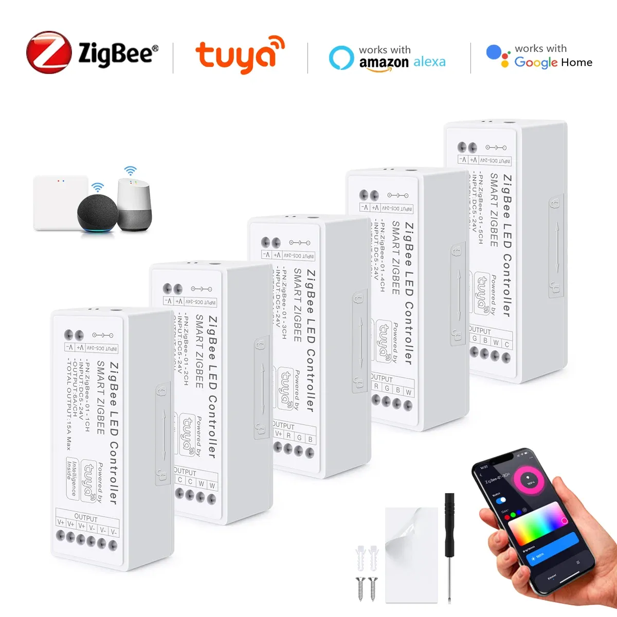 Contrôleur intelligent pour bande LED WiFi et Zigbee 3.0, DC 5 V à 24 V, compatible Tuya, variateur CCT, RGB, RGBW et RGBCCT, pour bandes COB et néon