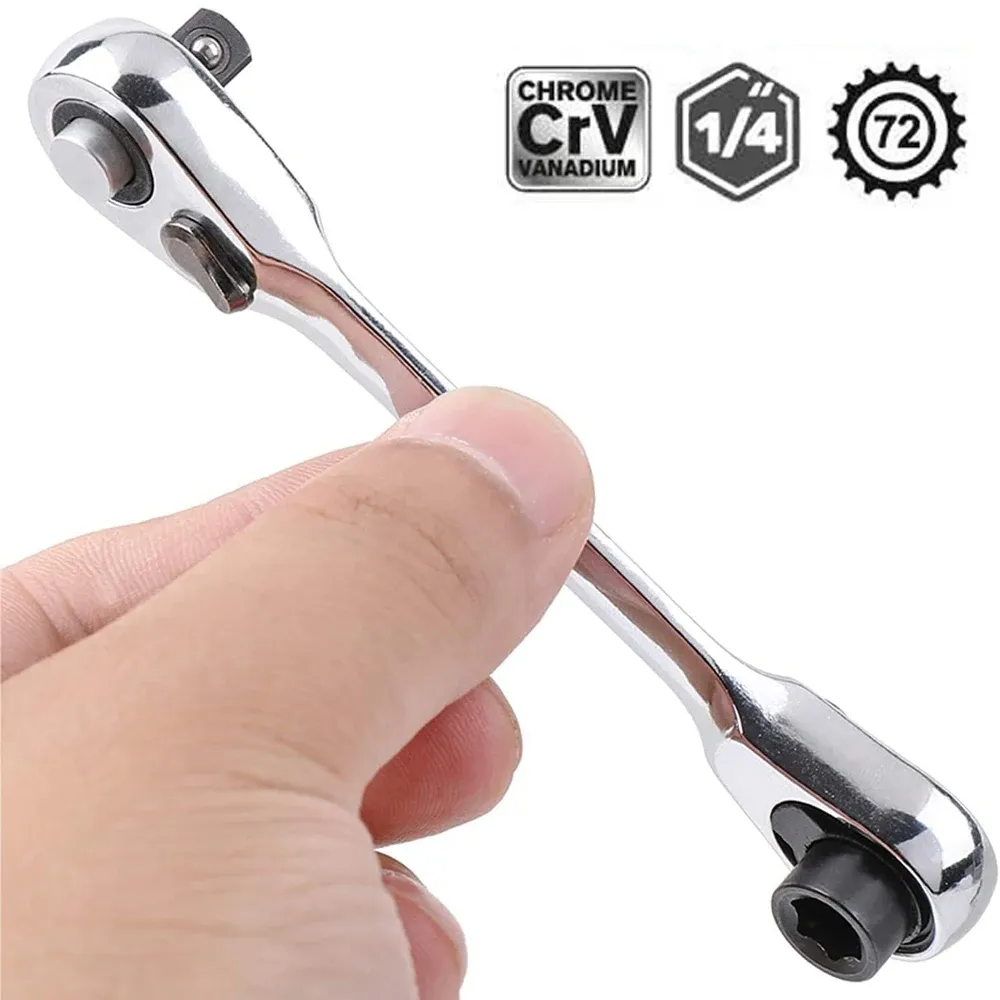 Mini clé à cliquet double tête à dégagement rapide, avec douille d'entraînement 1/4 pouce et embout tournevis