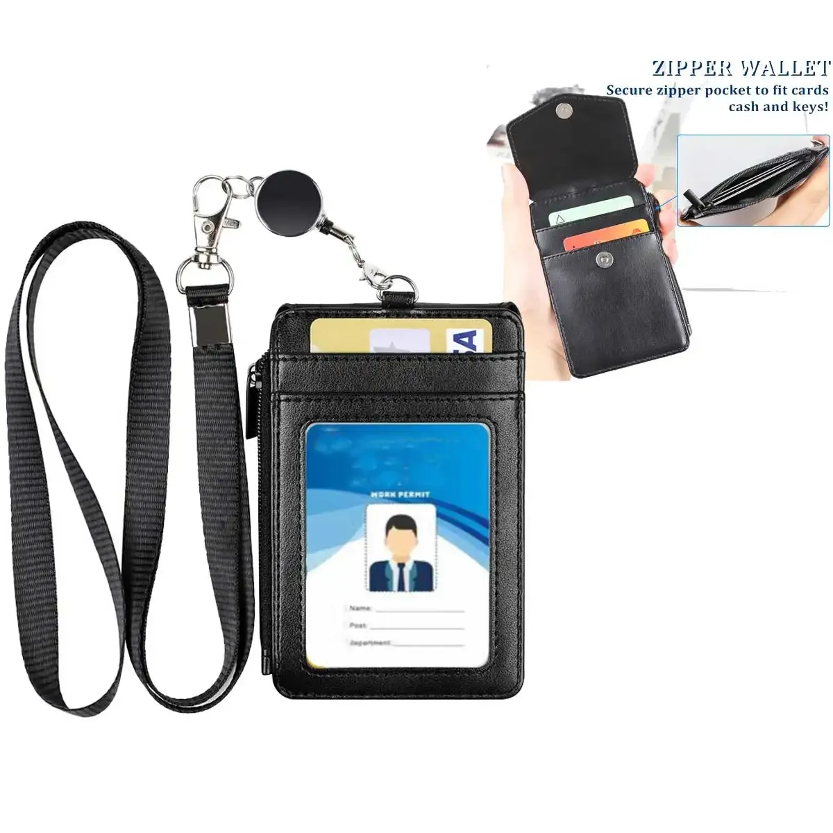 Porte-badge en cuir avec cordon et enrouleur rétractable, 4 emplacements pour cartes et poche zippée - Image 1