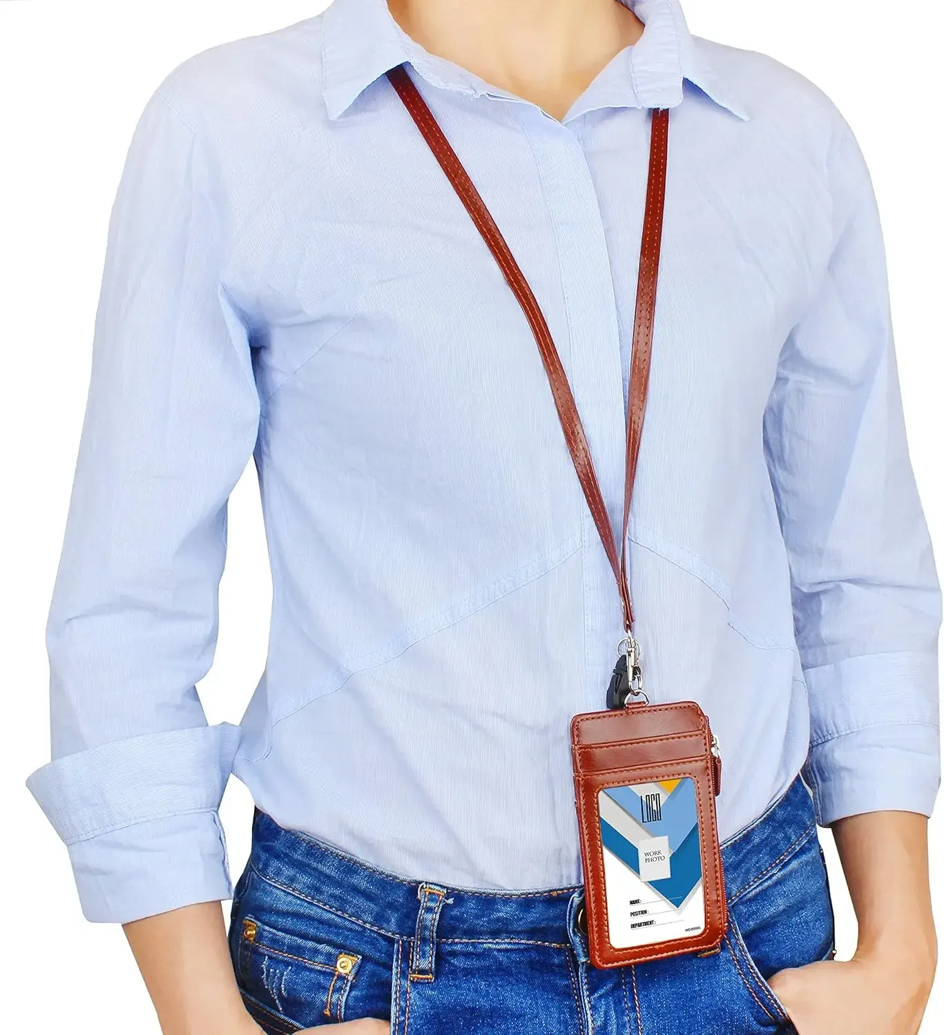 Porte-badge en cuir avec cordon et enrouleur rétractable, 4 emplacements pour cartes et poche zippée 2